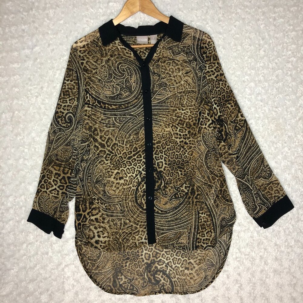 Chico's Animal Print Blouse Button Down Sheer Top Long Sleeve Size 1
